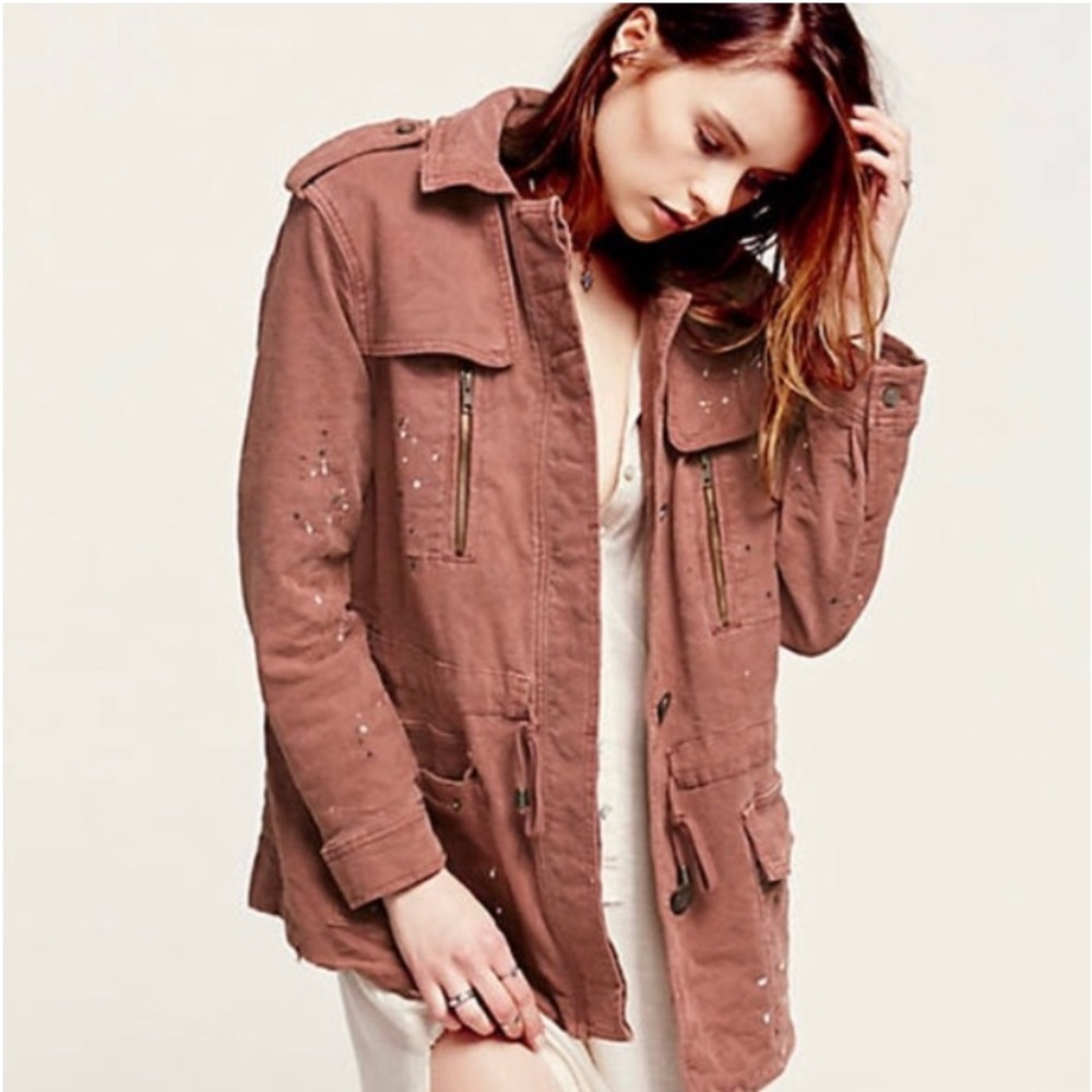 Free People Paint Splatter Jacquard Utility Jacket Rust Distressed M $186
